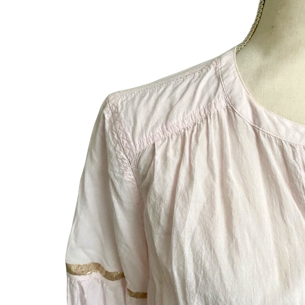 Free People Blush Pink Metallic Trim Cotton Button Down Blouse L Boho Top - Picture 4 of 16